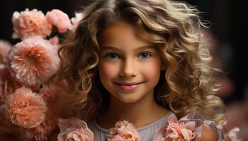 ai gerado uma bonitinho, sorridente menina com encaracolado cabelo, olhando às Câmera gerado de ai foto