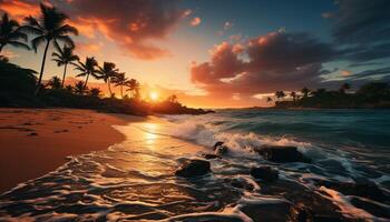 ai gerado silhueta do Palma árvore em tranquilo caribe litoral às pôr do sol gerado de ai foto