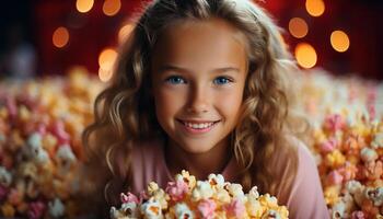 ai gerado sorridente menina detém biscoito, desfrutando Natal árvore decoração gerado de ai foto