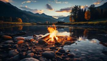 ai gerado tranquilo cena fogueira chama reflete em montanha tranquilo água gerado de ai foto