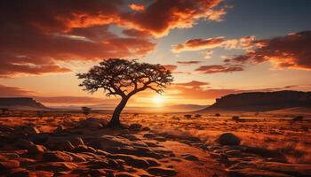 ai gerado pôr do sol sobre a africano savana, uma tranquilo silhueta do árvores gerado de ai foto