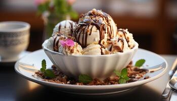 ai gerado caseiro gourmet gelo creme sundae, uma doce indulgência gerado de ai foto