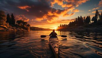 ai gerado homens e mulheres remar canoa, desfrutando tranquilo pôr do sol ao ar livre gerado de ai foto