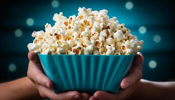 ai gerado 1 pessoa segurando uma lanche, assistindo uma filme dentro uma teatro gerado de ai foto