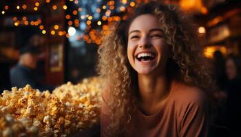 ai gerado jovem mulheres desfrutando uma alegre noite ao ar livre, sorridente e rindo gerado de ai foto