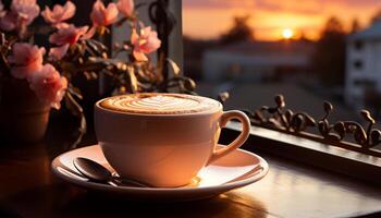 ai gerado fresco cappuccino em de madeira mesa, uma perfeito manhã relaxamento gerado de ai foto