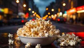 ai gerado lanche tigela brilha dentro filme teatro, refrescante filme noite gerado de ai foto