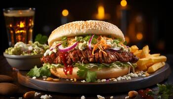 ai gerado grelhado carne hamburguer em pão com fritas, queijo, e salada gerado de ai foto