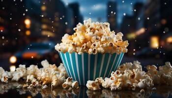 ai gerado doce lanches em mesa, assistindo filme, refrescante com beber gerado de ai foto