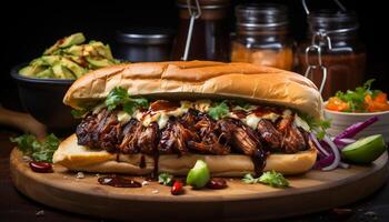 ai gerado grelhado carne sanduíche com ketchup, cebola, e gourmet pão gerado de ai foto