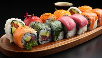 ai gerado frescor em prato Sushi, sashimi, Maki, nigiri, abacate, pepino gerado de ai foto