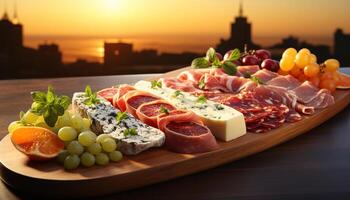 ai gerado gourmet carne lanche, prosciutto em de madeira prancha, fresco e delicioso gerado de ai foto