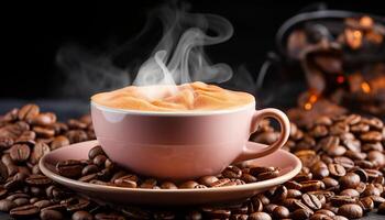 ai gerado quente café beber com vapor em uma Sombrio de madeira mesa gerado de ai foto
