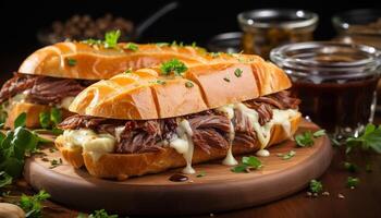 ai gerado grelhado carne hamburguer em ciabatta, com fritas e Cola gerado de ai foto