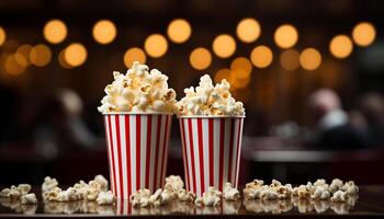 ai gerado público desfrutando filme lanches em listrado mesa dentro teatro gerado de ai foto