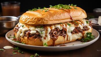 ai gerado grelhado carne sanduíche com fresco tomate, cebola, e fritas gerado de ai foto