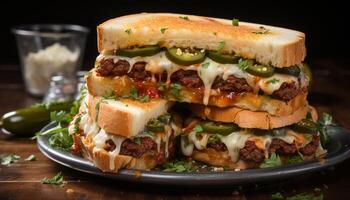 ai gerado grelhado carne hamburguer com fresco tomate, queijo, e guacamole gerado de ai foto