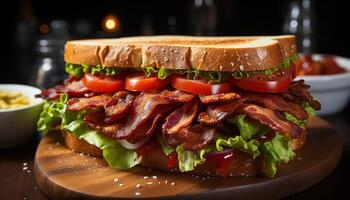 ai gerado grelhado carne de porco sanduíche em ciabatta, fresco salada, rústico madeira mesa gerado de ai foto