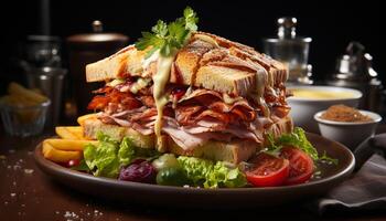 ai gerado grelhado carne de porco sanduíche com fresco tomate e salada, uma gourmet refeição gerado de ai foto