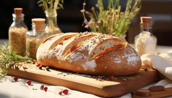 ai gerado recentemente cozido caseiro pão em de madeira mesa, uma gourmet refeição gerado de ai foto