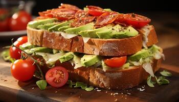 ai gerado fresco gourmet sanduíche com grelhado carne em torrado ciabatta pão gerado de ai foto