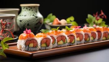 ai gerado frescor e culturas em uma prato Sushi, sashimi, frutos do mar deleite gerado de ai foto