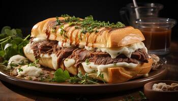 ai gerado grelhado carne sanduíche, fresco vegetais, caseiro pão, indulgente deleite gerado de ai foto