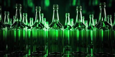 ai gerado verde reciclado vidro garrafas dentro Sombrio claro. sustentável indústria. generativo ai foto