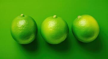 ai gerado topo Visão do três fresco limas em vibrante verde fundo. orgânico citrino fruta. generativo ai foto