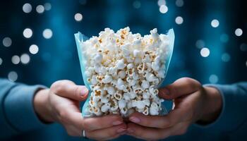 ai gerado jovem adulto desfrutando uma filme, segurando uma lanche e beber gerado de ai foto