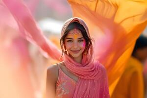 ai gerado jovem e feliz hindu indiano mulher dentro nacional indiano sari roupas comemoro holi festival dahan. brilhante colorida pó pintura fundo. foto