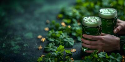 ai gerado a santo patrick's dia verde cerveja, cerveja óculos dentro a mãos com trevos em Sombrio verde fundo. st. patrick's dia bandeira conceito com cópia de espaço. foto