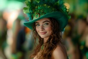 ai gerado uma jovem mulher dentro a santo patrick's dia fantasia, a comemorar a carnaval dentro honra do nacional irlandês feriado, Irlanda festival em borrado fundo. st. patrick's dia conceito. foto