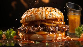 ai gerado grelhado carne hambúrguer, fresco queijo, e crocantes fritas em madeira gerado de ai foto