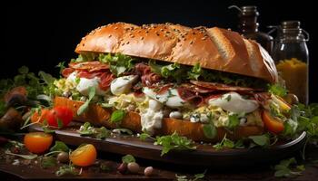 ai gerado grelhado carne sanduíche em ciabatta, com fresco salada e queijo gerado de ai foto