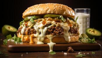 ai gerado grelhado carne hamburguer com fresco tomate em caseiro pão gerado de ai foto