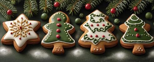 ai gerado Natal Pão de gengibre biscoitos em uma Claro fundo. de várias biscoitos este ter fui intrincadamente decorado com diferente desenhos estão arranjado em topo do uma mesa. foto