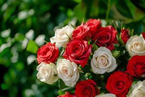 ai gerado contraste elegância do vermelho e branco rosas foto