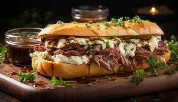 ai gerado grelhado carne sanduíche em ciabatta, com caseiro salgado molho gerado de ai foto