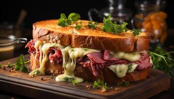 ai gerado grelhado carne de porco sanduíche em torrado ciabatta, fresco e delicioso gerado de ai foto