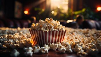 ai gerado lanche caixa em mesa, filme noite com doce refrescos gerado de ai foto