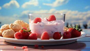 ai gerado fresco verão bagas em uma prato com iogurte e granola gerado de ai foto