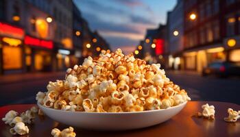 ai gerado lanche tigela brilha, refrescante filme noite dentro moderno cidade gerado de ai foto