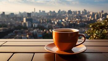 ai gerado café copo em mesa, paisagem urbana fundo, desfrutando ao ar livre relaxamento gerado de ai foto