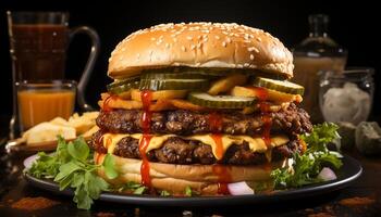 ai gerado grelhado hamburguer com queijo, tomate, e francês fritas em prato gerado de ai foto