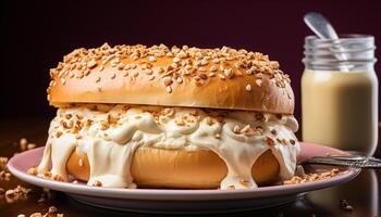 ai gerado caseiro gourmet sobremesa fresco chocolate pão com açoitado creme gerado de ai foto