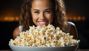 ai gerado jovem mulher desfrutando uma lanche, sorridente e olhando às Câmera gerado de ai foto