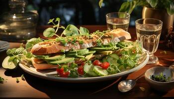 ai gerado grelhado carne em ciabatta, fresco salada, saudável comendo ao ar livre gerado de ai foto