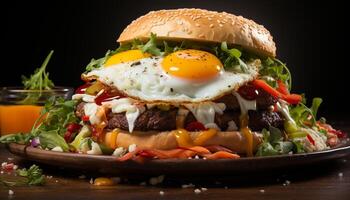 ai gerado grelhado gourmet hamburguer com carne, queijo, e fresco legumes gerado de ai foto