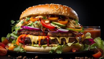 ai gerado grelhado carne hamburguer com tomate, cebola, e queijo em pão gerado de ai foto